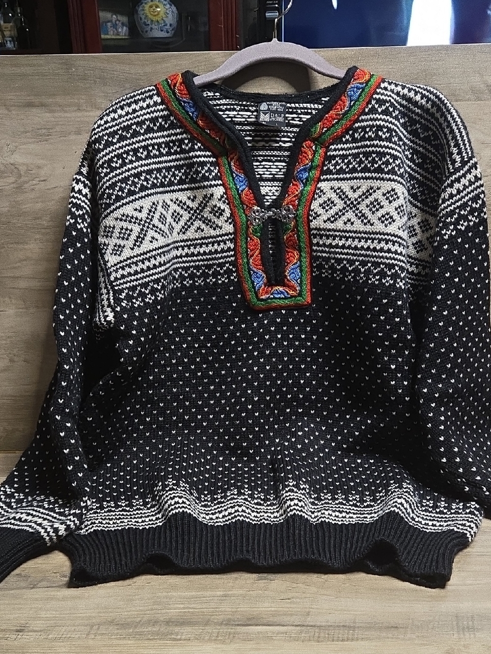 Dale of Norway Black and White V-Neck Sweater with Multicolor Trim